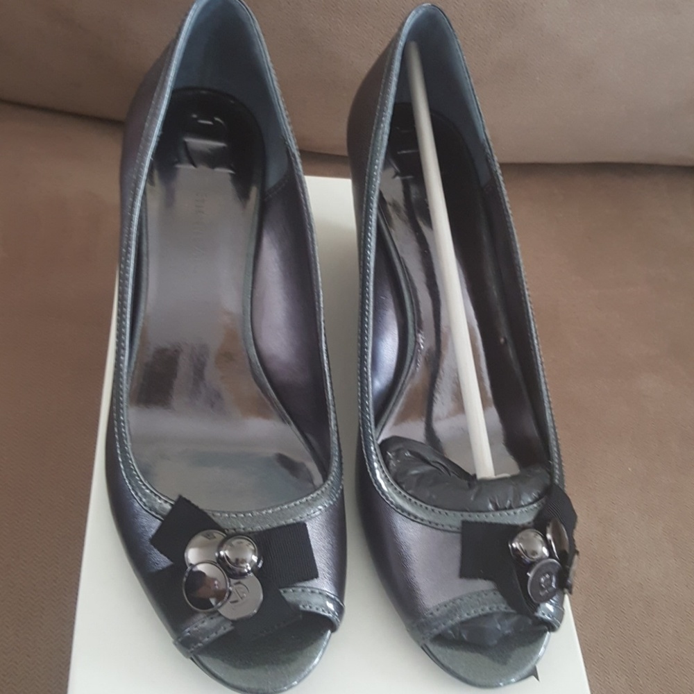 Gunmetal Aigner peep toe wedge heels